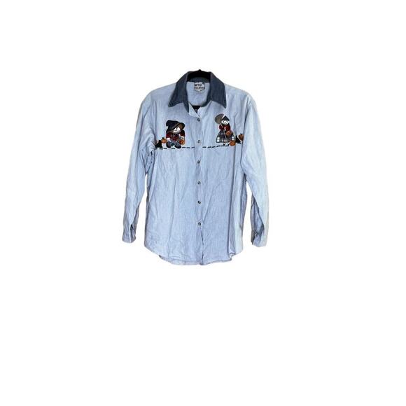 Vintage women's size medium shirt blue pinstripe button-up Halloween 100%cotton - Picture 1 of 10